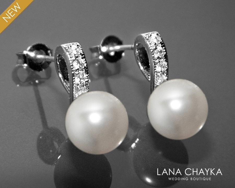 زفاف - White Pearl Bridal Earrings Small Pearl CZ Earring Studs Swarovski 8mm Pearl Sterling Silver Posts Earrings Wedding Jewelry Bridal Jewelry - $24.50 USD