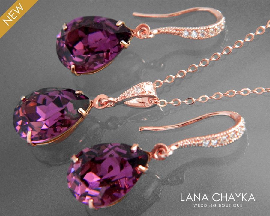Hochzeit - Amethyst Rose Gold Jewelry Set Purple Crystal Earrings&Necklace Set Swarovski Amethyst Rhinestone Jewelry Set Wedding Bridesmaids Jewelry - $25.00 USD