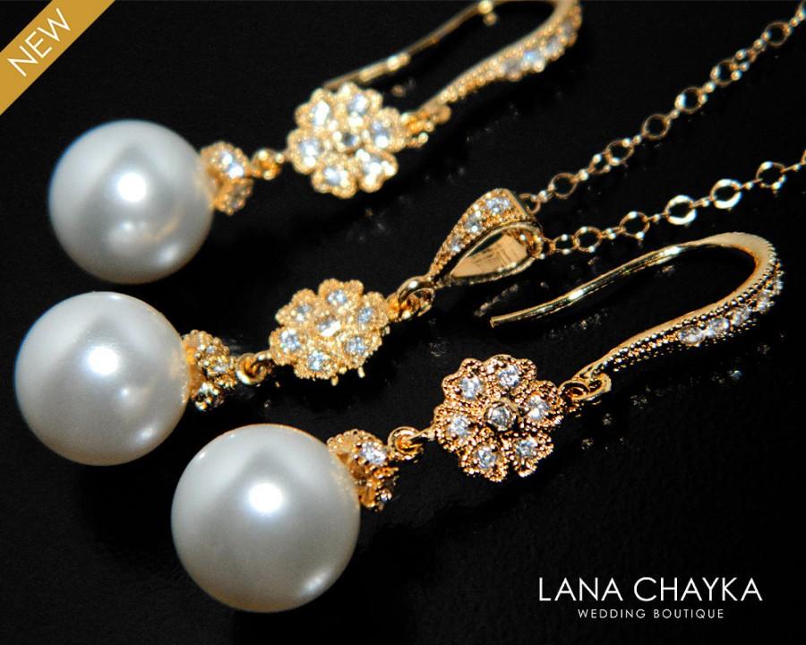 Hochzeit - White Pearl Gold Jewelry Set Swarovski 10mm Pearl Chandelier Earrings&Necklace Set Pearl Bridal Set Bridesmaids Pearl Jewelry Prom Jewelry - $28.90 USD