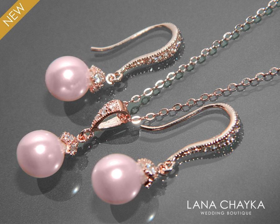 زفاف - Rose Gold Pink Pearl Jewelry Set Bridal Pearl Necklace&Earring Small Set Swarovski 8mm Rosaline Pearl Set Drop Blush Pink Pearl Jewelry Set - $45.90 USD