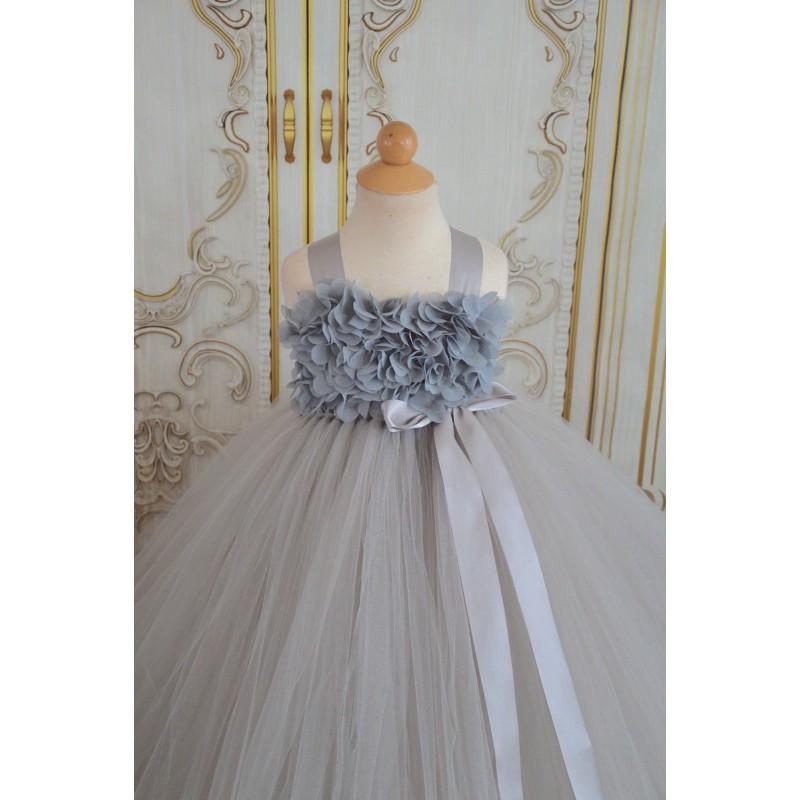 زفاف - silver gray  chiffon hydrangea  flower girl tutu dress - Hand-made Beautiful Dresses