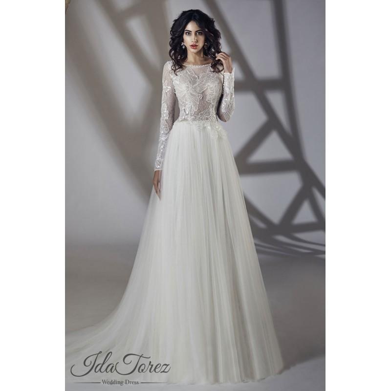 Mariage - Luxurious A-Line Bateau Natural Sweep-Brush Train Tulle Ivory Long Sleeve Zipper With Buttons Wedding Dress Beading Sequins 0 - Top Designer Wedding Online-Shop