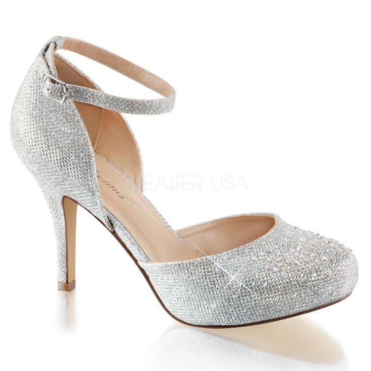Mariage - Fabulicious COVET-03 Silver Glitter Mesh Fabric Ankle Strap Pumps With Rhinestones
