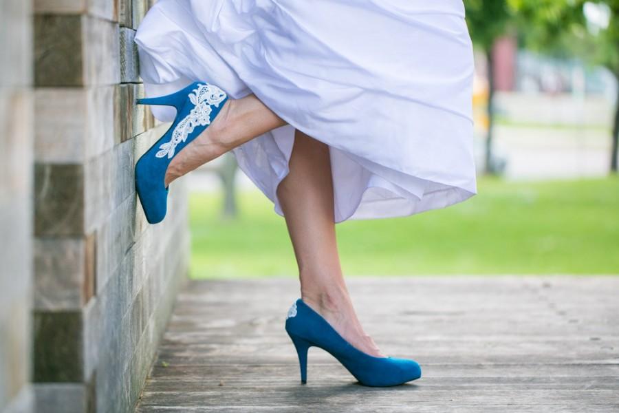 Mariage - SALE.Wedding Shoes. Teal Blue Wedding Heels, Teal Bridal Shoes, Low Heel, Teal Heels, Blue Heels, Bridal Heels, Teal Pumps with Ivory Lace