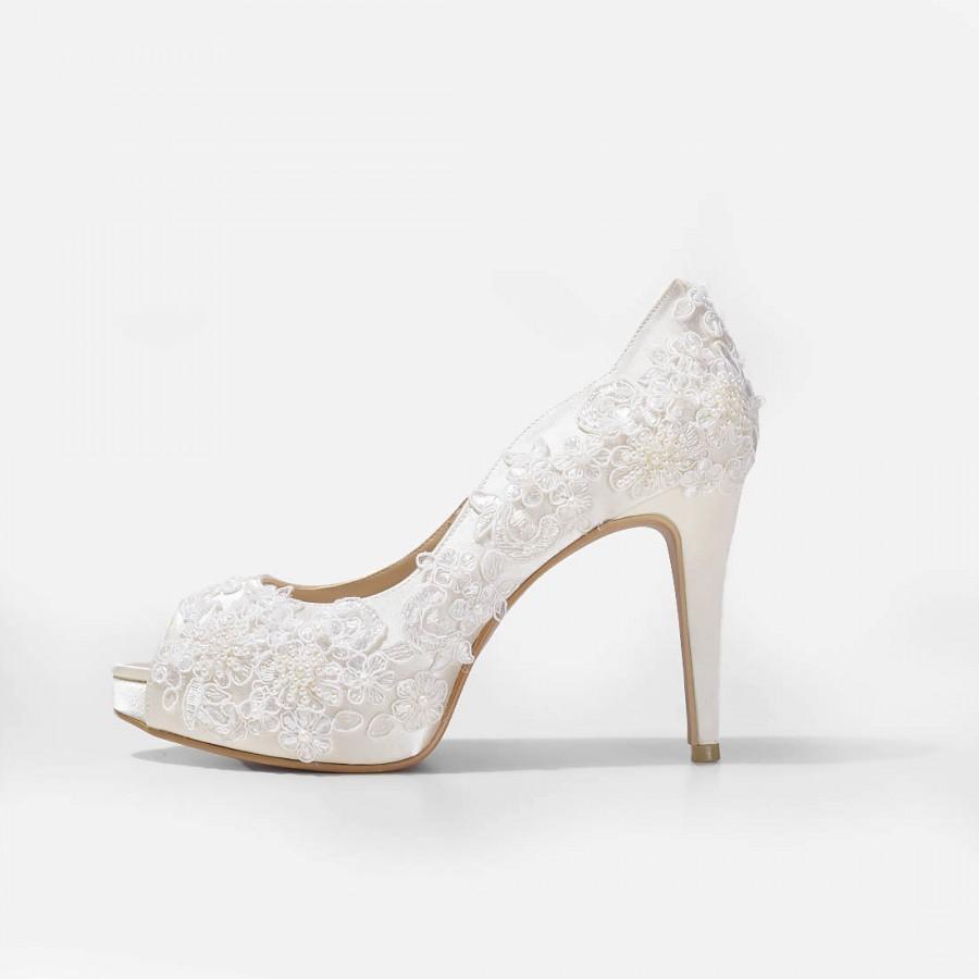 Hochzeit - Rosie V2 Ivory Lace Wedding Shoes,Ivory Lace Satin Bridal Heels,Ivory Lace Peep Toe Wedding Shoes, Ivory Lace Bridal Heels