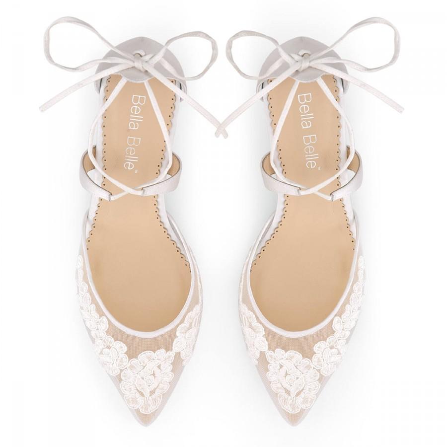 زفاف - Classic Alencon lace comfortable low heels wedding shoes, criss cross ankle straps by Bella Belle Amelia