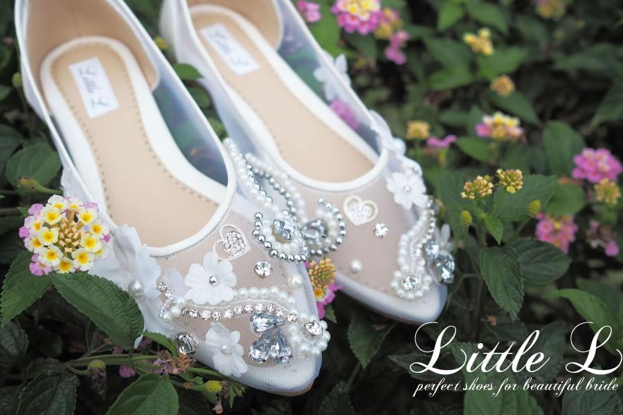 Hochzeit - Wedding Shoes - White Transparent Shoes With Rhinestone, Pearl, and Flower Custom Flat or Heels