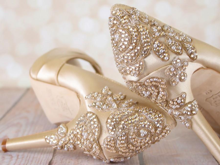 Hochzeit - Champagne Wedding Shoes, Vintage Wedding, Art Deco Wedding, Crystal Heels, Crystal Wedding Shoes, Custom Wedding Shoes, Wedding Shoes
