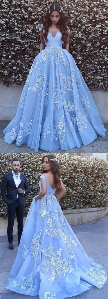 Mariage - A-line Off Shoulder Blue Tulle Lace Appliques Long Prom Dress, PD7677 - US0 / Pic Color