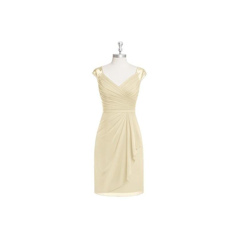 Hochzeit - Champagne Azazie Fawne - Knee Length Chiffon And Lace Illusion V Neck Dress - Charming Bridesmaids Store