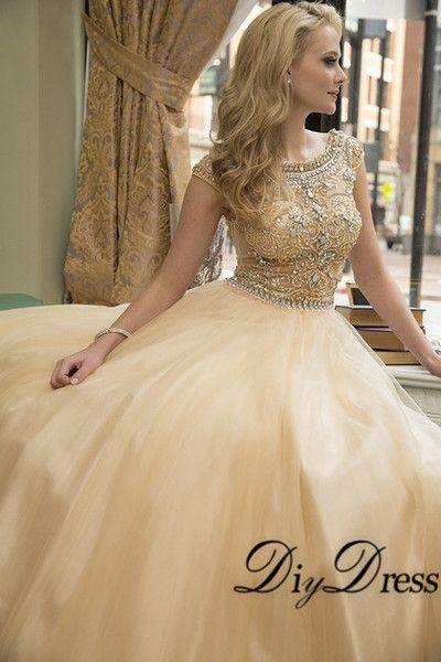 Mariage - AHP032 Ball Gown Tulle Gold Beaded Bodice Sparkly Prom Dresses 2017