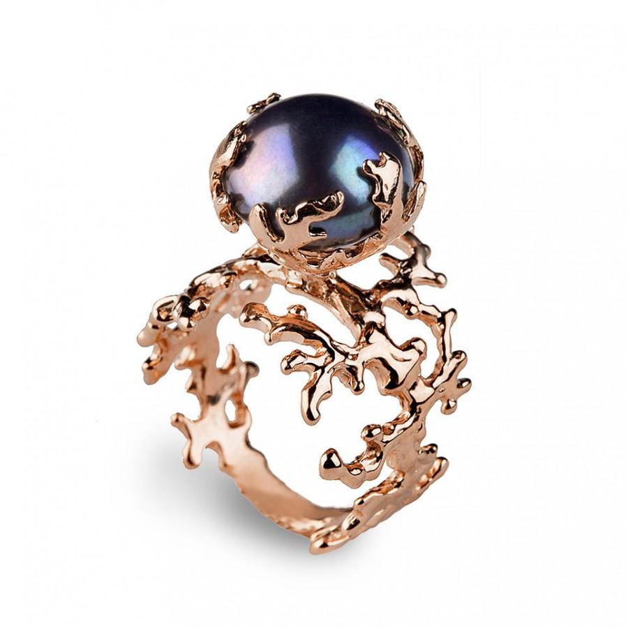 زفاف - CORAL PEARL Rose Gold Ring, Unique Pearl Ring, Rose Gold Pearl Ring, Statement Ring, Large Pearl Ring,  Pearl Engagement Ring
