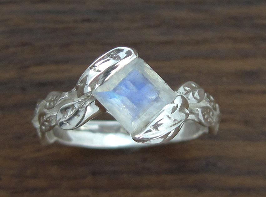 Wedding - Moonstone Leaf Engagement Ring, Princess Cut Moonstone Leaves Engagement Ring, Moonstone Ring,Nature Alternative Engagement Ring, Promise