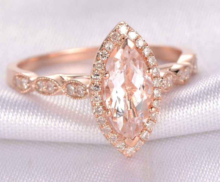 زفاف - 1ctw Natural Pink Morganite Engagement Ring 10x5mm Marquise Cut Stone Diamond Wedding Band Personalized for her Custome Ring