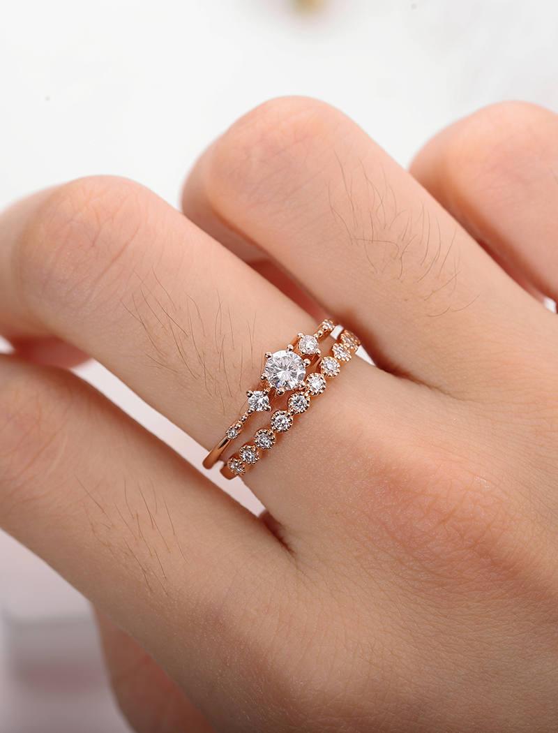 Moissanite Engagement Ring Rose Gold Vintage Diamond Wedding Ring Set
