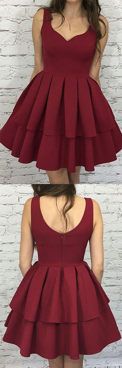Mariage - A-Line Scoop Short Burgundy Tiered Elastic Satin Homecoming Dress PG193