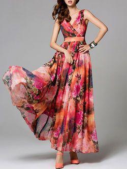 Mariage - Pink Floral Frill Sleeve V Neck Maxi Dress