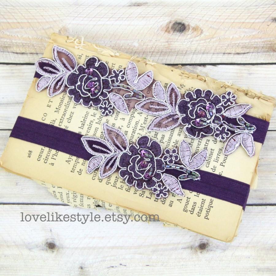 Wedding - Plum and Lavender Beaded Flower Lace with Plum Elastic Wedding Garter Set, Plum Wedding Garter Set, Toss Garter, Lavender Garter / GT-34