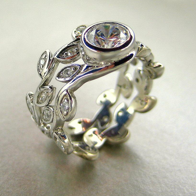 Wedding - Platinum Engagement leaf ring set.  Leaf Wedding set. Vine platinum ring set. Anniversary leaf ring set. White sapphire leaf ring set.