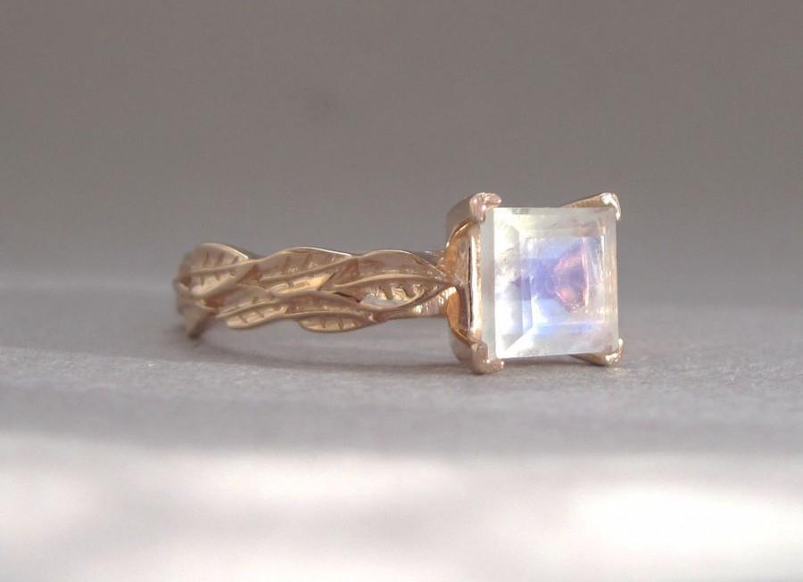 Wedding - Leaf Ring With Square Cut Moonstone, Princess Cut Moonstone Ring, Rose Gold Moonstone Leaf Ring, Gold Forest Natural Floral Moonstone Ring