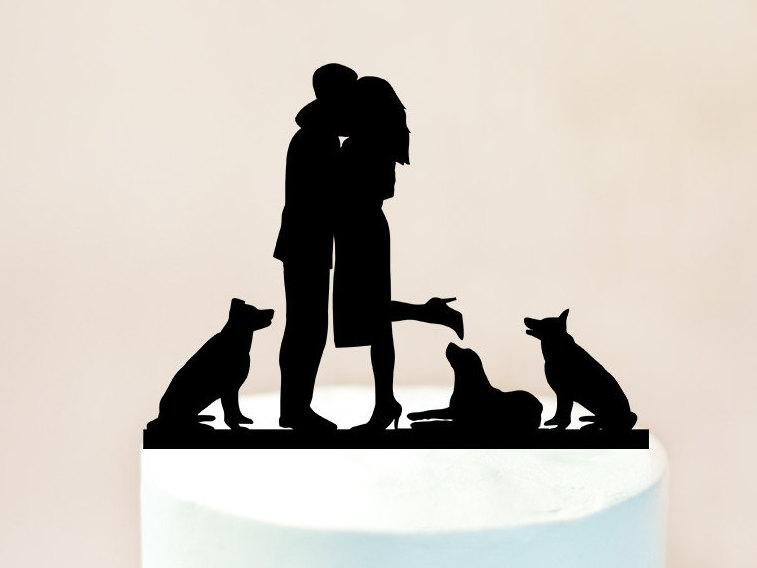 Hochzeit - Wedding Cake Topper With Three Dog,Wedding Cake Topper With Dog,Personalized Silhouette Cake Topper With Dog,Mr and Mrs Cake Topper (1078)