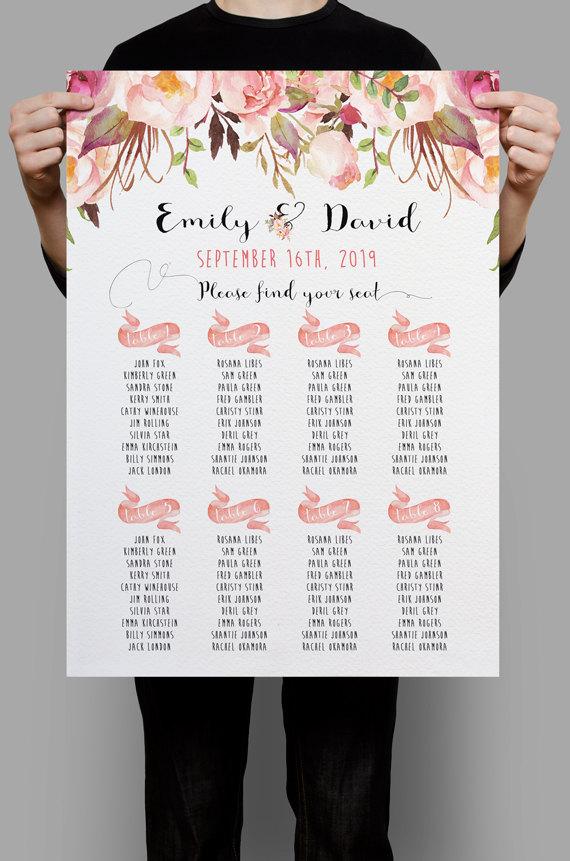 Hochzeit - Personalized Wedding Seating Chart Table Seating plan printable Pink Floral Floral Table plan, Boho Wedding Decor DIY digital files - PF-18