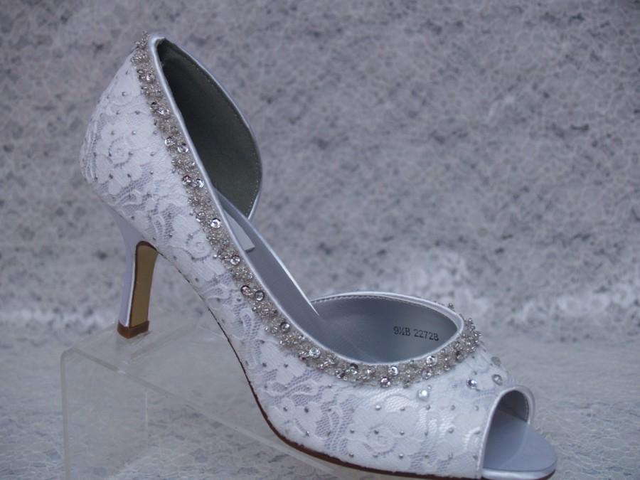 Wedding - Diamond White Wedding Shoes Lace and Silver beading - Wedding  Mid heel Beautiful beaded silver trim, open toe lace pumps, Bling bride