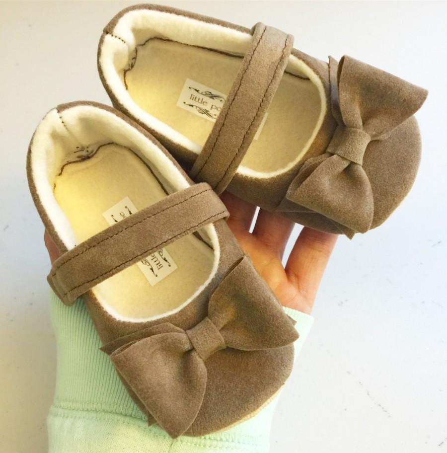 Wedding - Baby Girl Shoes Toddler Girl Shoes Soft Soled Shoes Rustic Wedding Shoes Vintage Flower Girl Shoes Brown Faux Suede Shoes  - Hallie