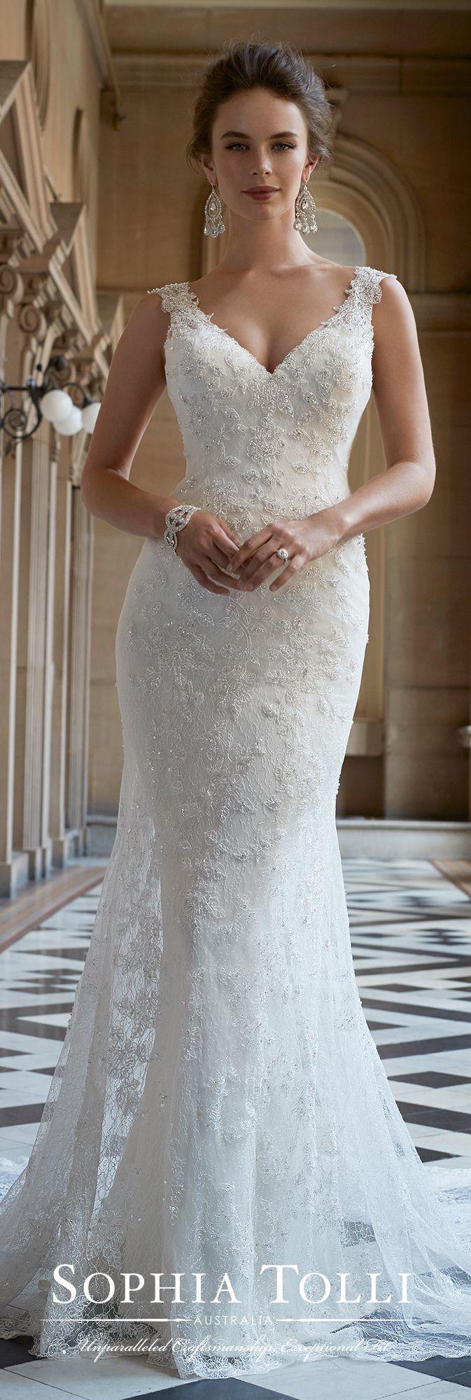 Hochzeit - Lace V-neck Wedding Dress With Illusion Back - Sophia Tolli Y21762