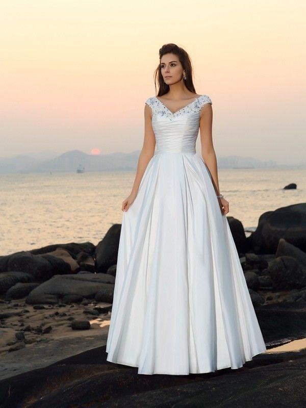 زفاف - A-Line/Princess V-neck Beading Sleeveless Floor-Length Taffeta Wedding Dresses