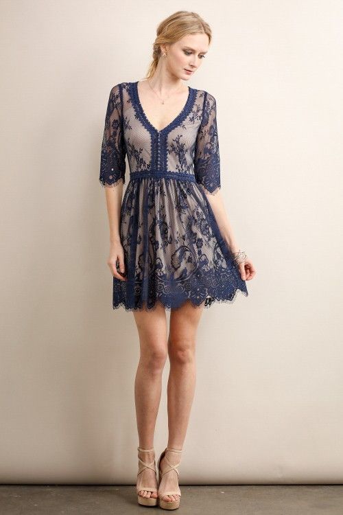Mariage - Blush See-Through Mid Sleeve Lace Dress