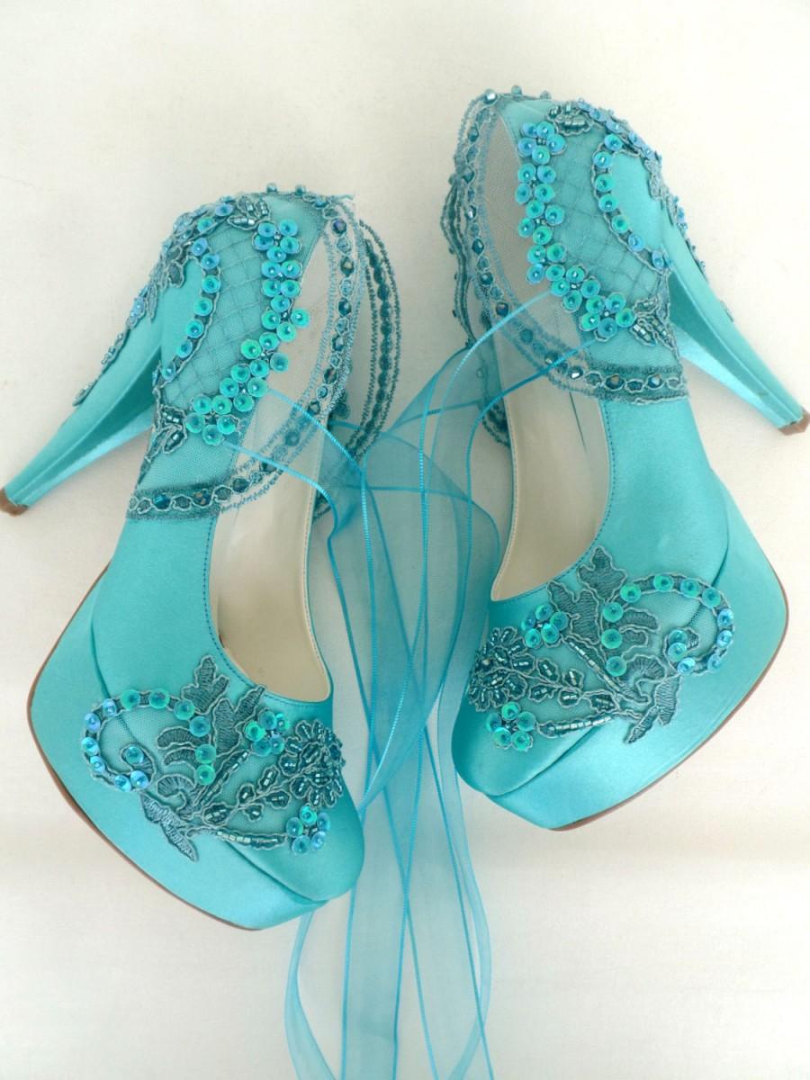 زفاف - Wedding Shoes - Teal Embroidered Lace Bridal Shoes