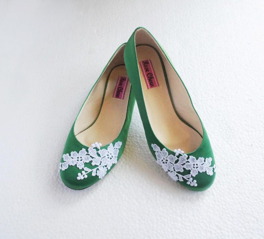 White Lace Green Satin Wedding Shoes Floral Embroidered Bridal Ballet