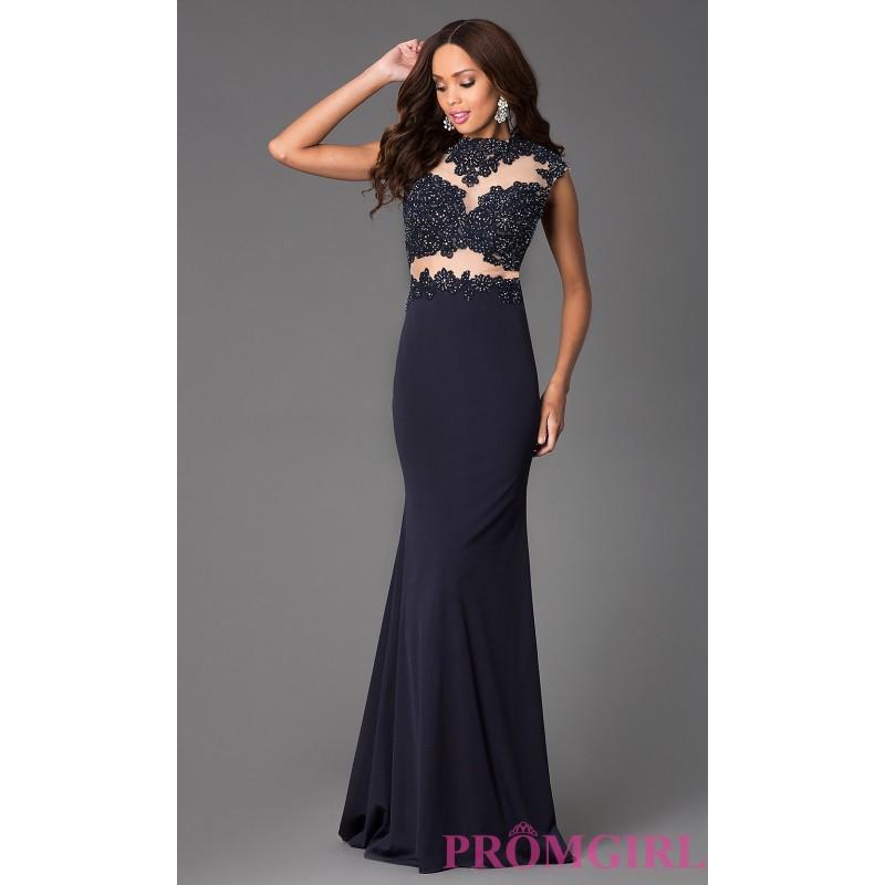 Wedding - Navy Illusion and Lace Floor Length JVN by Jovani Dress - Brand Prom Dresses