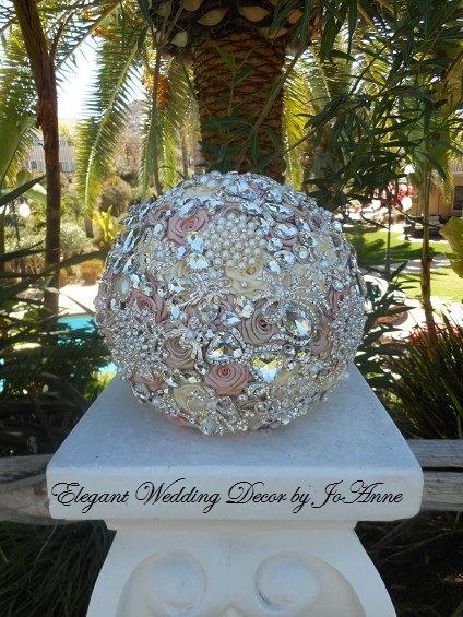 Wedding - Dusty Rose and Ivory Brooch Bouquet, Dusty Rose Bouquet, Vintage Dusty Rose Jeweled Wedding Bouquet, Pink and Ivory Bouquet, FULL PRICE