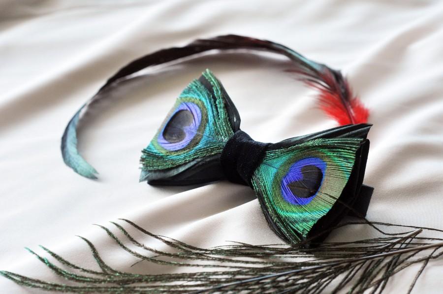 Hochzeit - Black bow tie with peacock feathers and rooster feathers, feather bow tie, peacock feather tie, peacock feather, designer bowtie, boho style