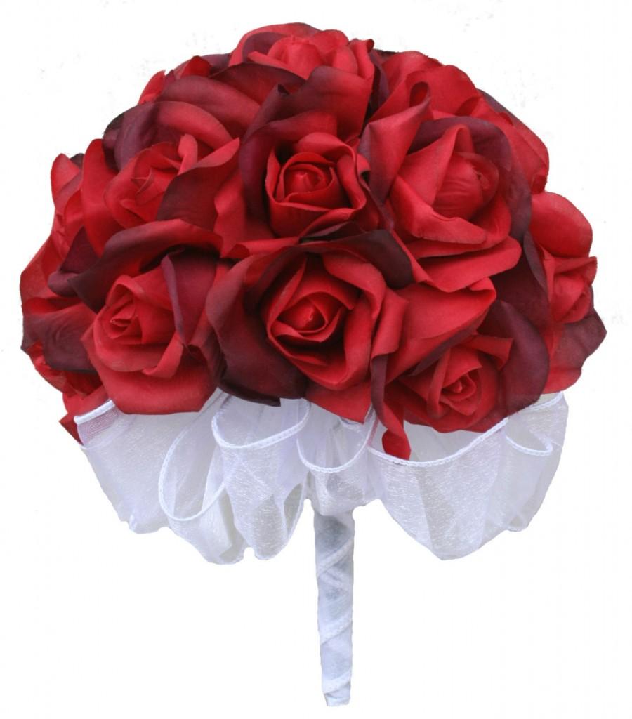 Hochzeit - Red Silk Rose Hand Tie (24 Roses) - Silk Bridal Wedding Bouquet