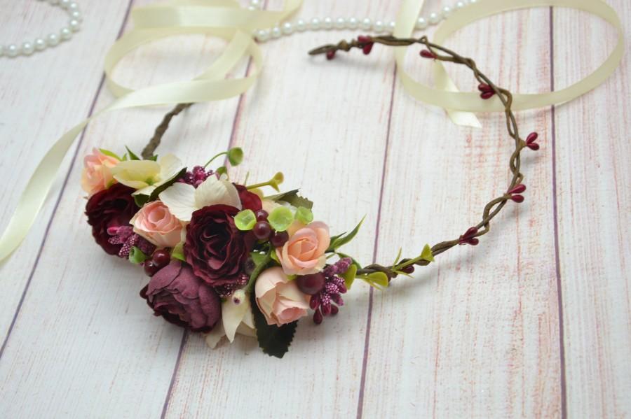 Mariage - Gift/for/girl Flower girl crown Maroon flower crown Flower headband Boho wedding crown Peach headband Flower head piece Burgundy head wreath