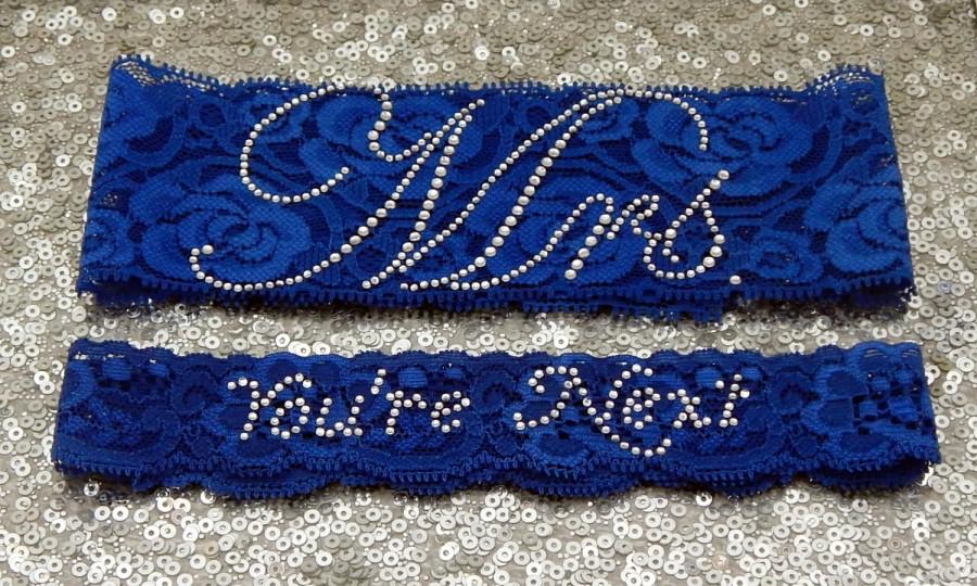 Hochzeit - CRYSTAL PHRASE 'Mrs' Rhinestone Wedding Garter Set, Bridal Garter on Royal BLUE Lace Show & Rhinestone 'You're Next' Toss Garter