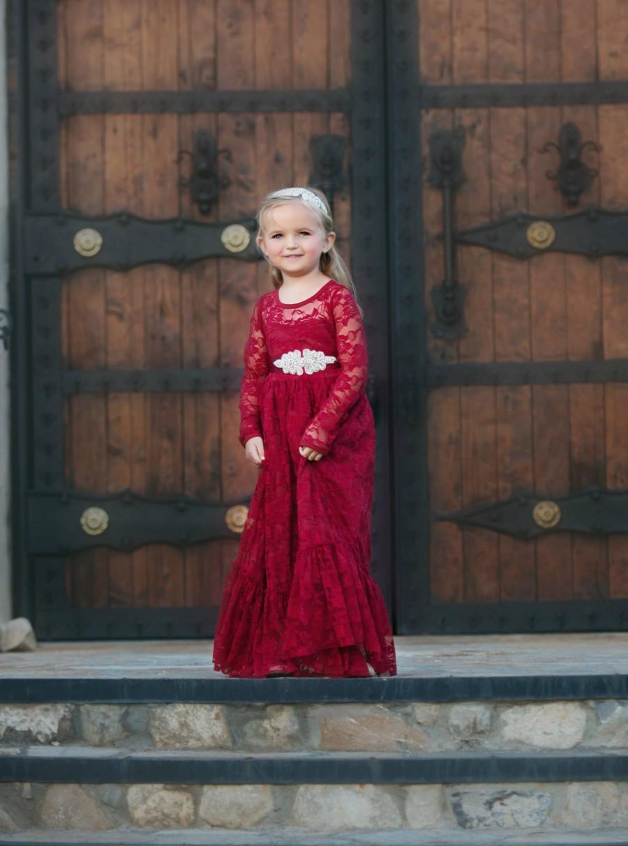 Wedding - Red lace flower girl dress, girl lace dresses, long sleeve red dress, toddler,country,Christmas,Rustic flower girl dress,Flower girl dresses