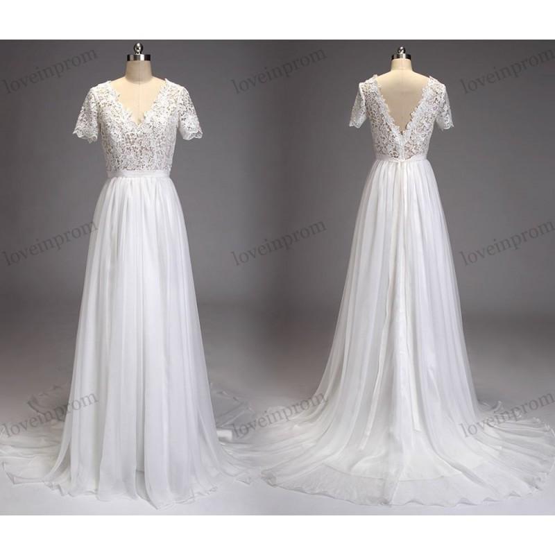 زفاف - 1/4 Lace Short Sleeves Wedding Dress/White Ivory Chiffon Cheap Bridal Gown With V Neck V Back Open/Long Dresses For Wedding - Hand-made Beautiful Dresses