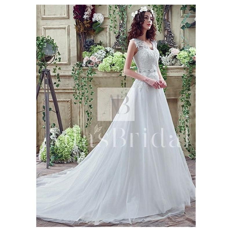 زفاف - In Stock Elegant Tulle V-Neck A-line Wedding Dresses With Lace Appliques - overpinks.com