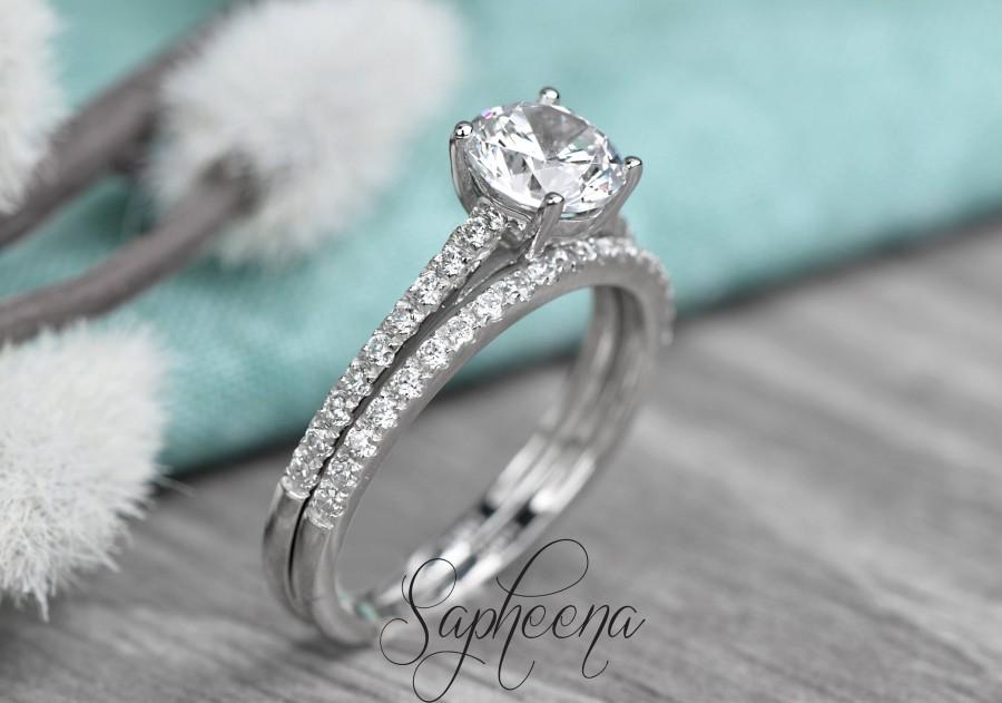 Wedding - Brilliant Round Cut Engagement Ring with Half Eternity Band, Solid 14k White Gold, Set of 2, Dainty Wedding Set, Bridal Set of 2 by Sapheena