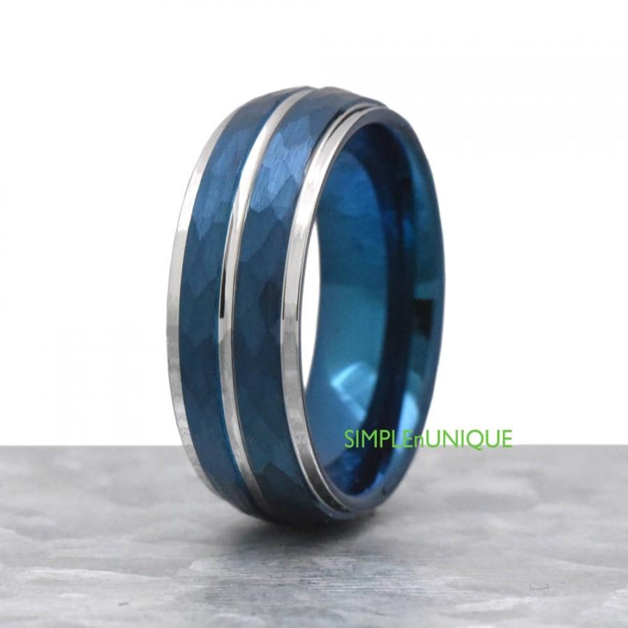 Wedding - Blue Tungsten Promise Ring, Trendy Mens Unique Engagement Ring, Hammered Wedding Band Mens, Mesn Blue Ring, Mens Blue Wedding Ring Band