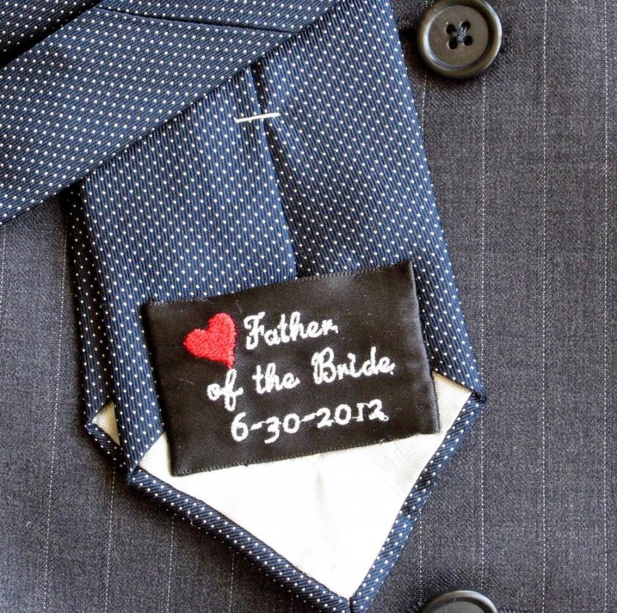 Mariage - WEDDING TIE PATCH, Label, Groom, Father of the Bride/Groom, Several Designs, Custom Available, Satin Polyester Ribbon, 1 1/2 x 2 3/8 inches
