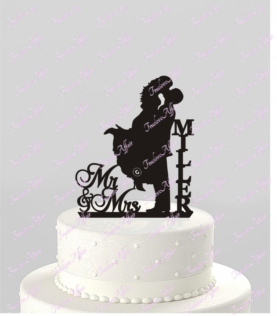 Wedding - Wedding Cake Topper Silhouette Couple Mr & Mrs Personalized with Last Name, Acrylic Cake Topper [CT18mm]