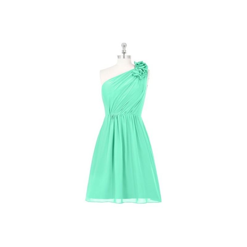 Wedding - Turquoise Azazie Sabrina - One Shoulder Illusion Chiffon Knee Length Dress - Charming Bridesmaids Store
