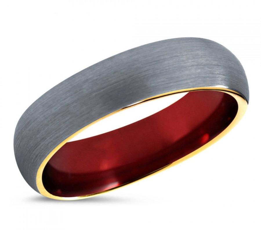 Mariage - Tungsten Wedding Band Ring Brushed Silver Red Yellow Gold Wedding Band Carbide 5mm 18K Tungsten Ring Man Male Women Anniversary Matching