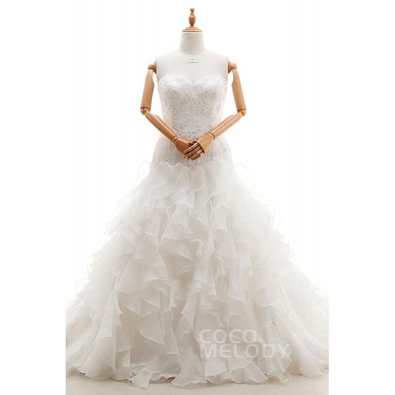 زفاف - Romantic Sweetheart  Court Train Organza Ivory Sleeveless Lace Up-Corset Plus Size Wedding Dress Appliques Ruffles - Top Designer Wedding Online-Shop