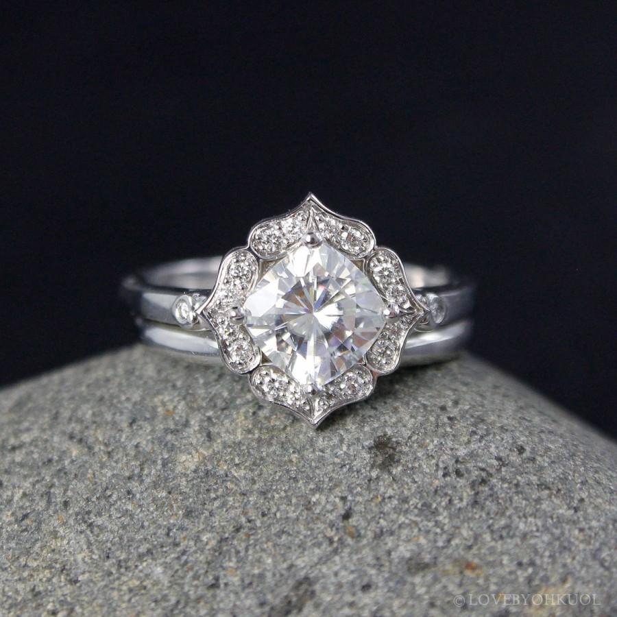 Wedding - Vintage Flower Halo - Scallop Halo - Forever One Cushion Cut Engagement Ring - Wedding Set